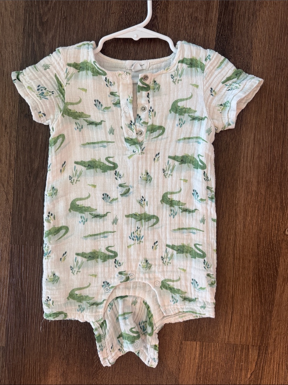 Angel Dear Cream Muslin Romper with Green Alligator Print